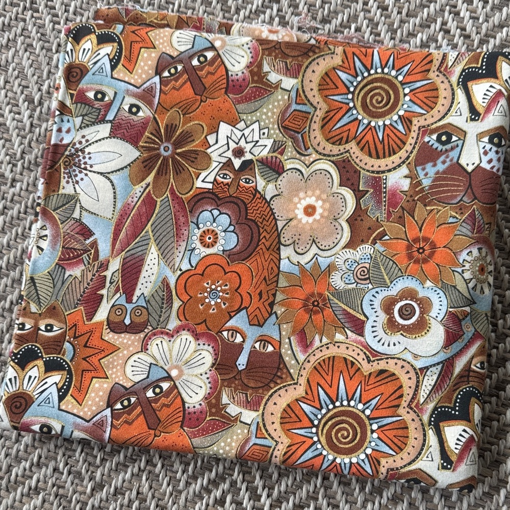 Laurel Burch Cat Floral Fabric with Orange and Brown Tones, 2 yards